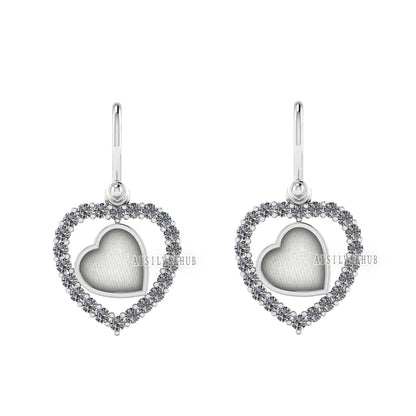 Heart with Zircon Setted 8mm Blank Bezel Dangle Earrings, 925 Sterling Silver, Good for Stone, Resin & Ashes Work, Breast Milk DIY, Keepsake