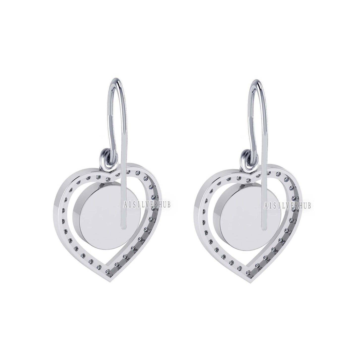 Heart with Zircon Setted 10mm Round Blank Bezel Dangle Earrings, 925 Sterling Silver, Good for Resin & Ashes, Breastmilk DIY, Keepsake Gifts