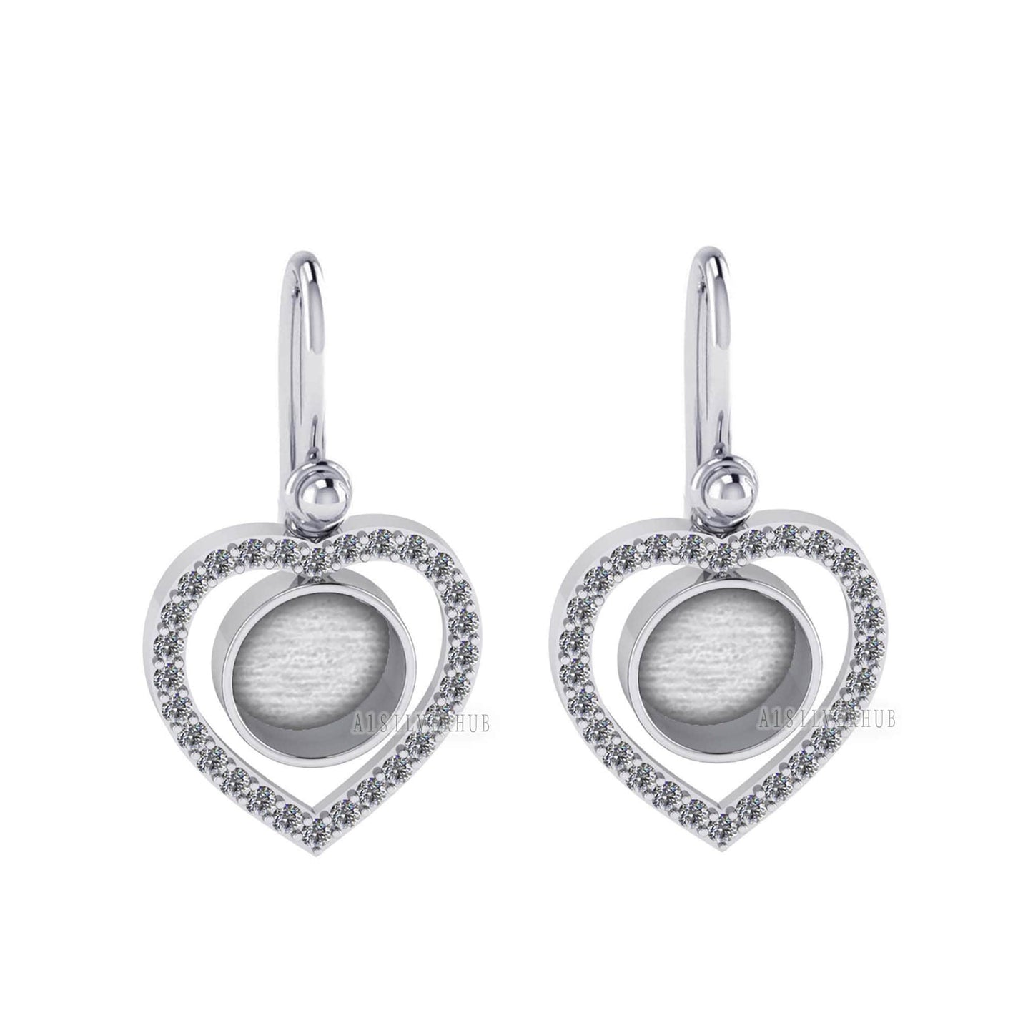 Heart with Zircon Setted 10mm Round Blank Bezel Dangle Earrings, 925 Sterling Silver, Good for Resin & Ashes, Breastmilk DIY, Keepsake Gifts