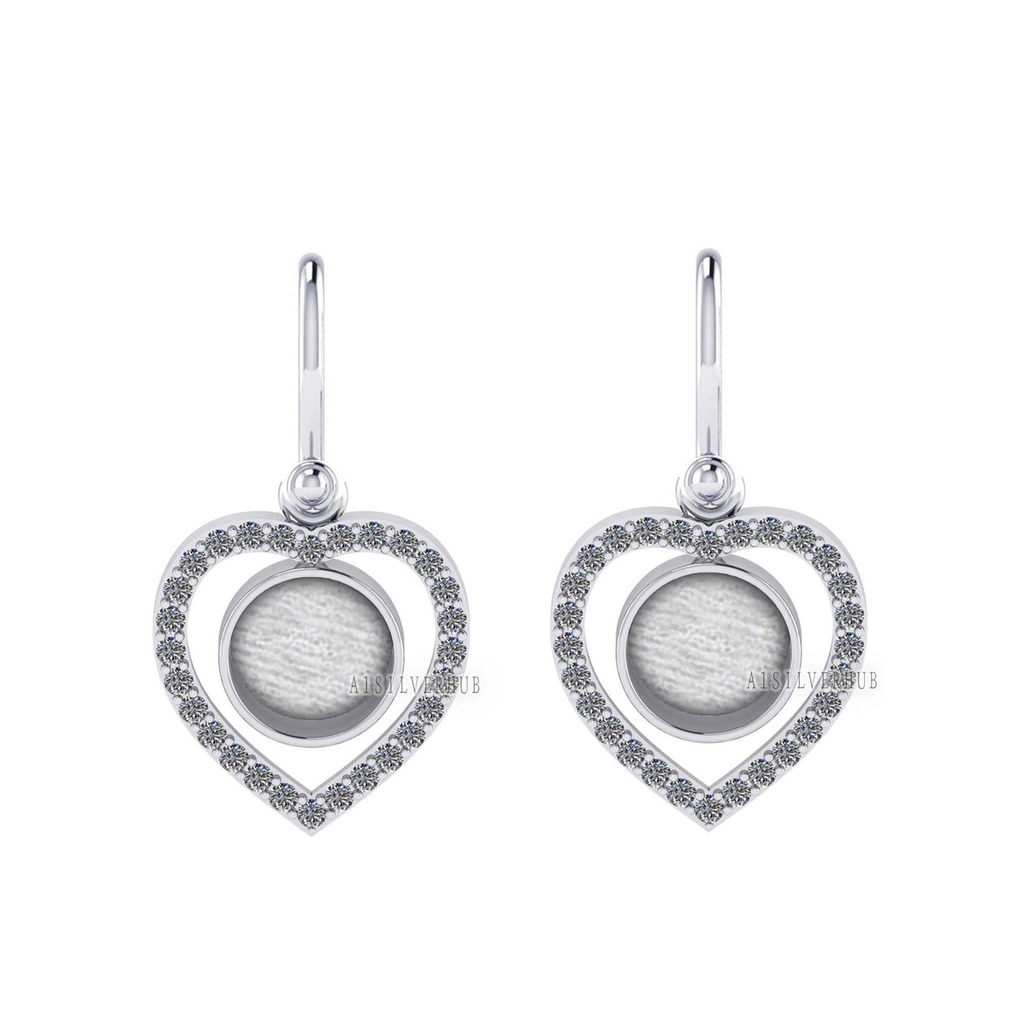 Heart with Zircon Setted 10mm Round Blank Bezel Dangle Earrings, 925 Sterling Silver, Good for Resin & Ashes, Breastmilk DIY, Keepsake Gifts