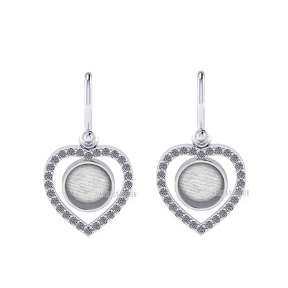 Heart with Zircon Setted 10mm Round Blank Bezel Dangle Earrings, 925 Sterling Silver, Good for Resin & Ashes, Breastmilk DIY, Keepsake Gifts