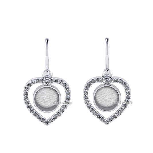 Heart with Zircon Setted 10mm Round Blank Bezel Dangle Earrings, 925 Sterling Silver, Good for Resin & Ashes, Breastmilk DIY, Keepsake Gifts