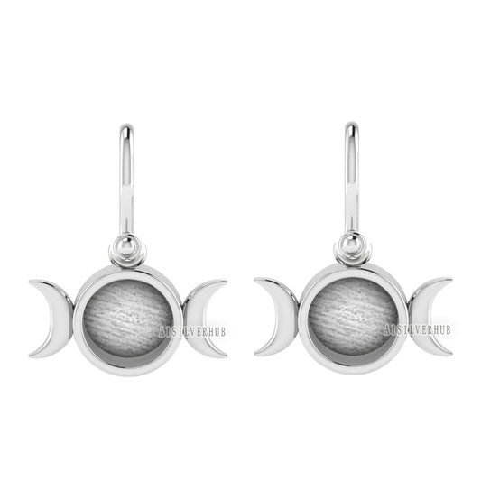 925 Sterling Silver Half Moon Designer Blank Bezel Round 8mm Dangle Earrings, Good for Resin & Ashes Work, Keepsake Memorial, Breastmilk DIY