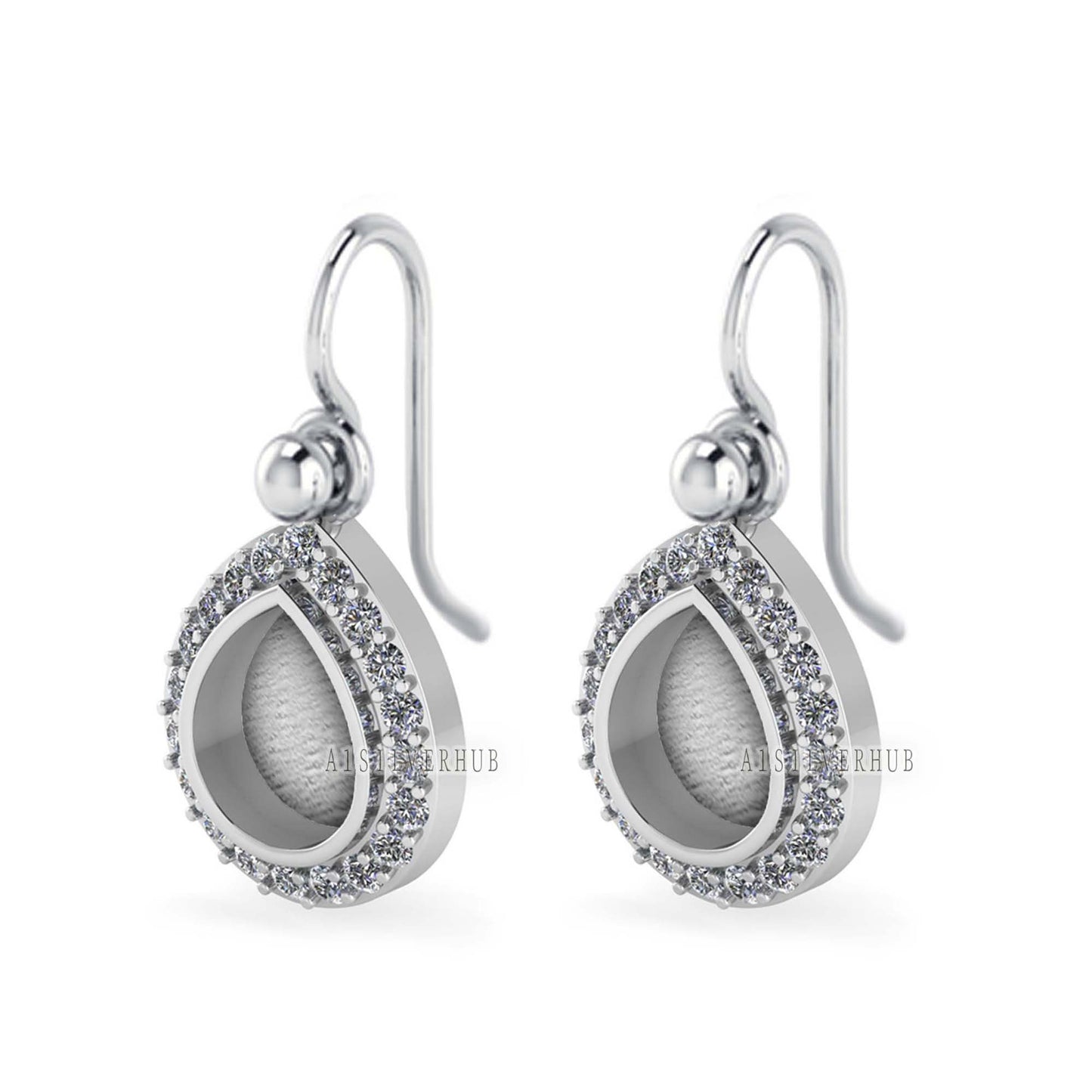 Pear Shape 8x10mm Blank Bezel Dangle Earrings Surrounded with CZ, 925 Sterling Silver, Good for Resin & Ashes Work, Keepsake Jewelry, Gifts