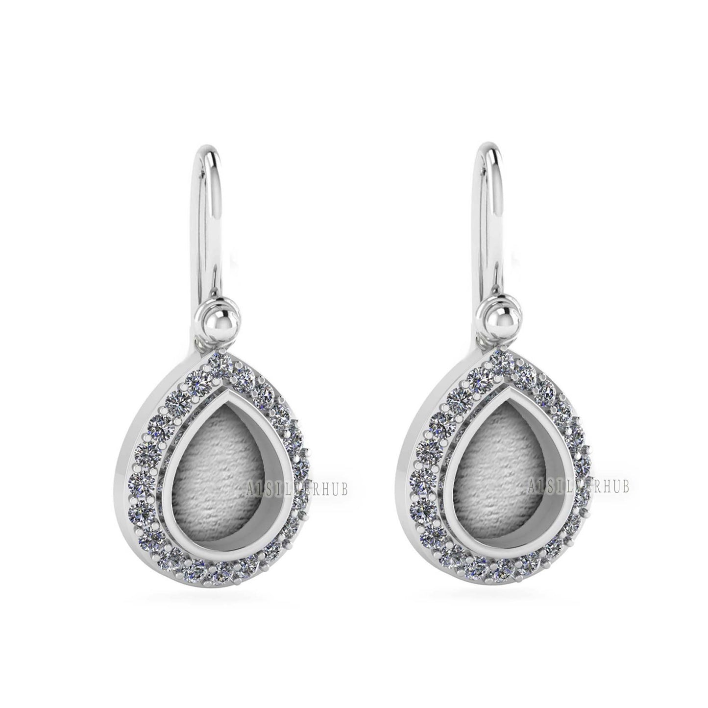 Pear Shape 8x10mm Blank Bezel Dangle Earrings Surrounded with CZ, 925 Sterling Silver, Good for Resin & Ashes Work, Keepsake Jewelry, Gifts