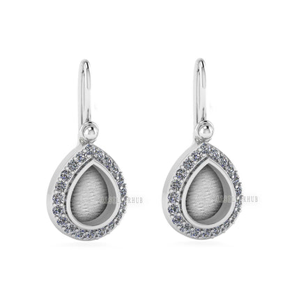 Pear Shape 8x10mm Blank Bezel Dangle Earrings Surrounded with CZ, 925 Sterling Silver, Good for Resin & Ashes Work, Keepsake Jewelry, Gifts