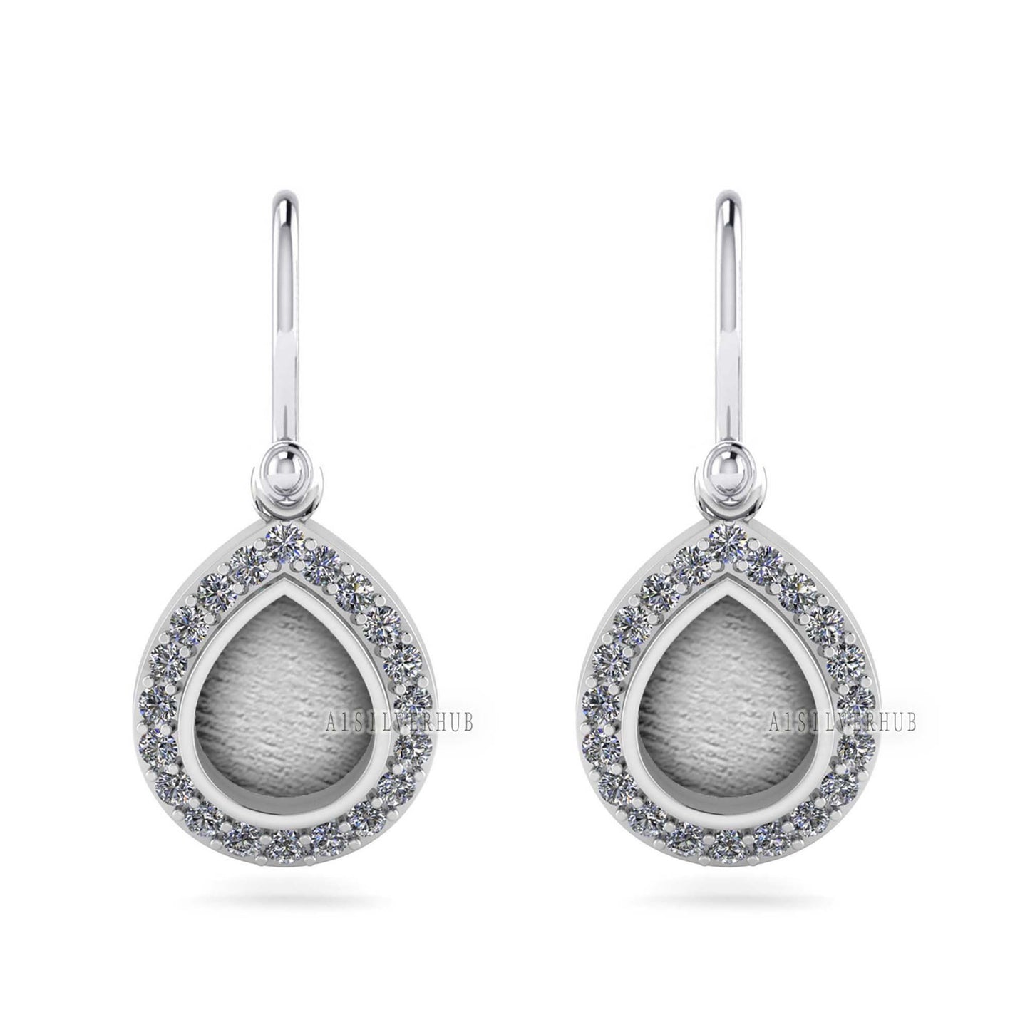 Pear Shape 8x10mm Blank Bezel Dangle Earrings Surrounded with CZ, 925 Sterling Silver, Good for Resin & Ashes Work, Keepsake Jewelry, Gifts
