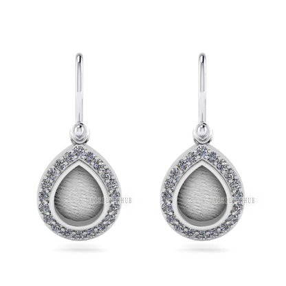 Pear Shape 8x10mm Blank Bezel Dangle Earrings Surrounded with CZ, 925 Sterling Silver, Good for Resin & Ashes Work, Keepsake Jewelry, Gifts