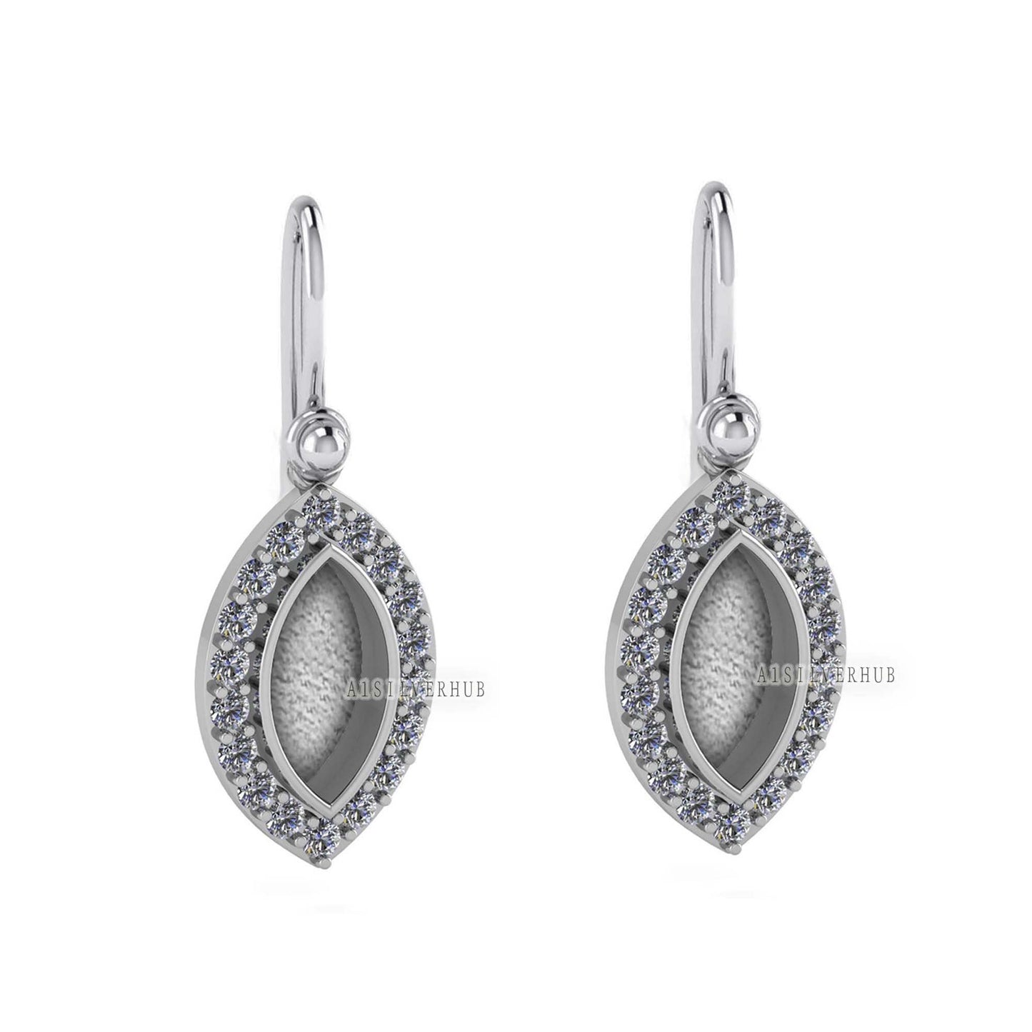 Marquise Shape 6x12mm Blank Bezel Dangle Earrings with CZ Setted, 925 Sterling Silver, Good for Resin & Ashes Work, Keepsake Jewelry Crafts