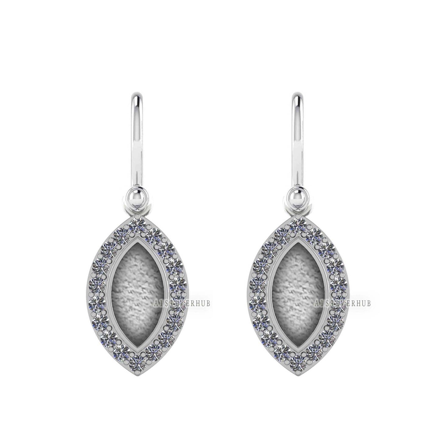 Marquise Shape 6x12mm Blank Bezel Dangle Earrings with CZ Setted, 925 Sterling Silver, Good for Resin & Ashes Work, Keepsake Jewelry Crafts