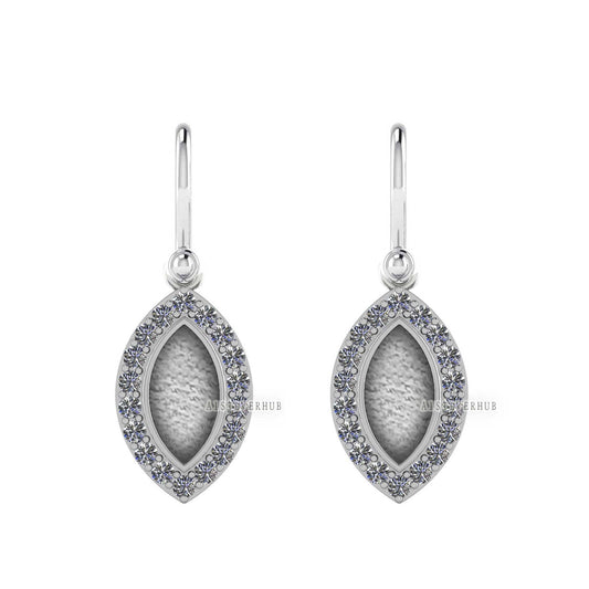 Marquise Shape 6x12mm Blank Bezel Dangle Earrings with CZ Setted, 925 Sterling Silver, Good for Resin & Ashes Work, Keepsake Jewelry Crafts
