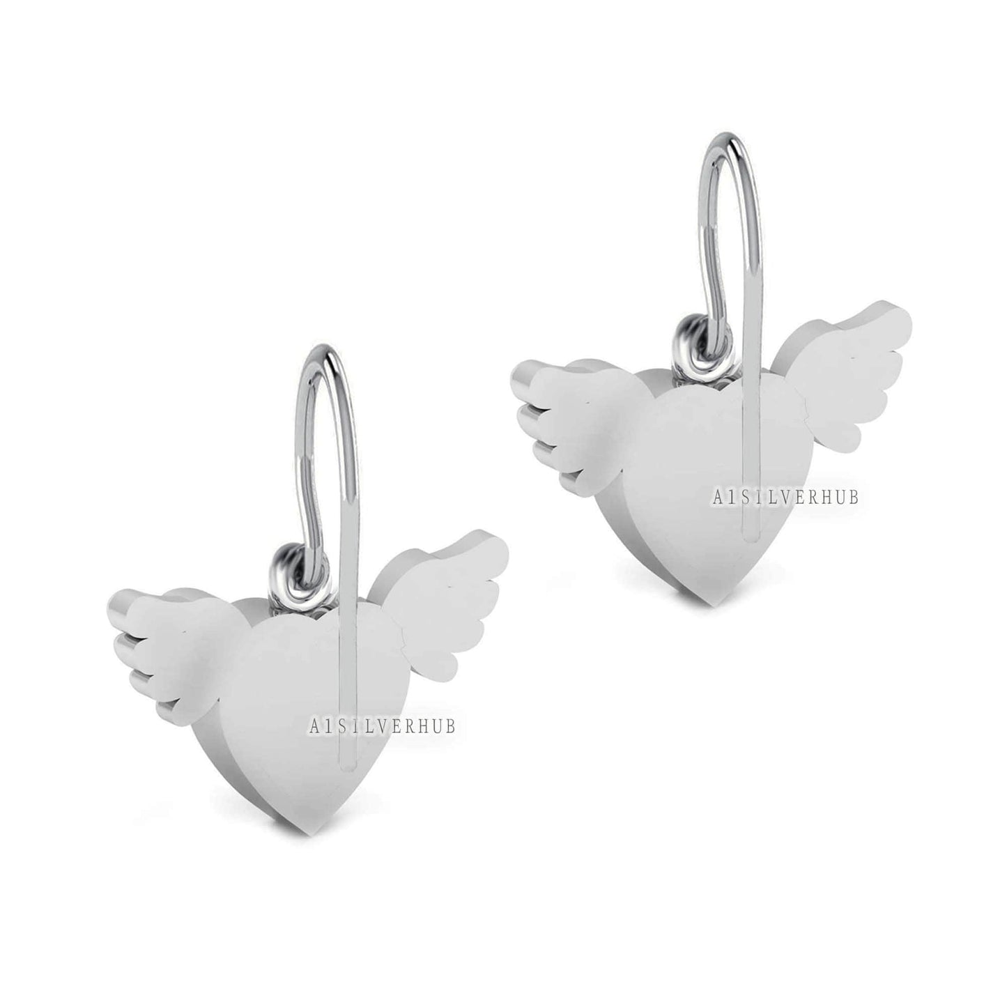 Angel Wings with Heart Shape Blank Bezel Dangle Earrings Setting, 925 Sterling Silver, Good for Resin & Ashes Work, Keepsake/Breastmilk DIY