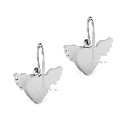 Angel Wings with Heart Shape Blank Bezel Dangle Earrings Setting, 925 Sterling Silver, Good for Resin & Ashes Work, Keepsake/Breastmilk DIY