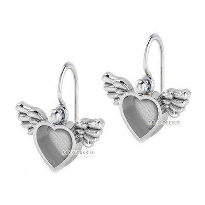Angel Wings with Heart Shape Blank Bezel Dangle Earrings Setting, 925 Sterling Silver, Good for Resin & Ashes Work, Keepsake/Breastmilk DIY