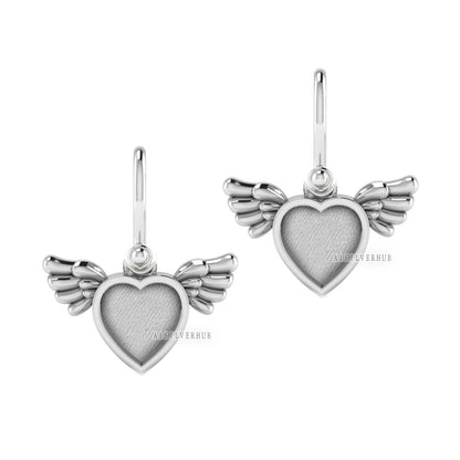 Angel Wings with Heart Shape Blank Bezel Dangle Earrings Setting, 925 Sterling Silver, Good for Resin & Ashes Work, Keepsake/Breastmilk DIY