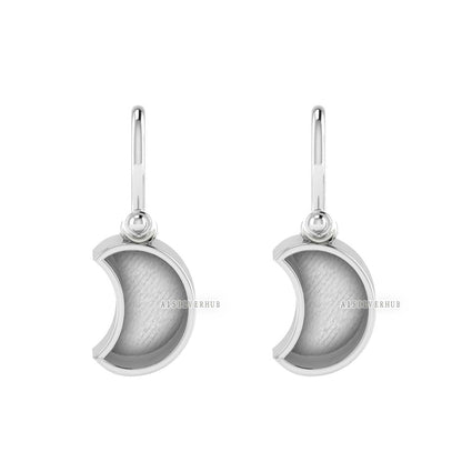 925 Sterling Solid Silver Half Moon Shape DIY Breastmilk/Keepsake Dangle Earrings Setting, Good for Resin & Ashes Work, Memorial, DIY Gifts