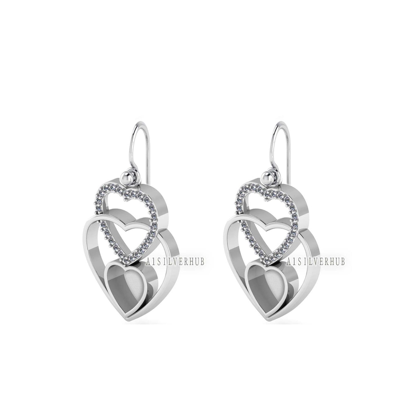 925 Sterling Silver, Triple Heart Design 8x8mm Blank Bezel Zircon Setted Earrings, Good for Stone, Resin & Ashes Work, Keepsake/Breastmilk