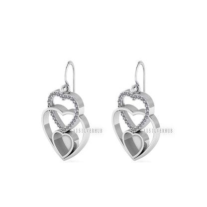 925 Sterling Silver, Triple Heart Design 8x8mm Blank Bezel Zircon Setted Earrings, Good for Stone, Resin & Ashes Work, Keepsake/Breastmilk