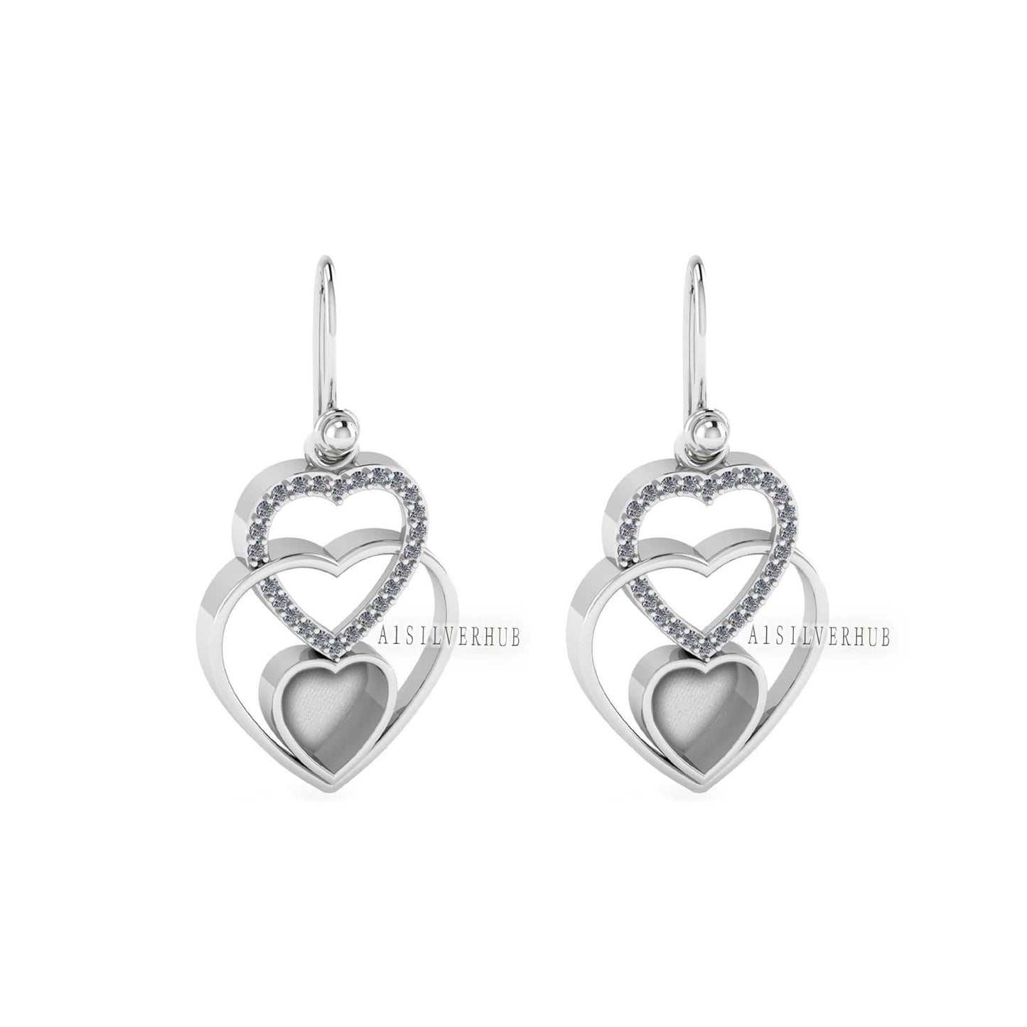 925 Sterling Silver, Triple Heart Design 8x8mm Blank Bezel Zircon Setted Earrings, Good for Stone, Resin & Ashes Work, Keepsake/Breastmilk