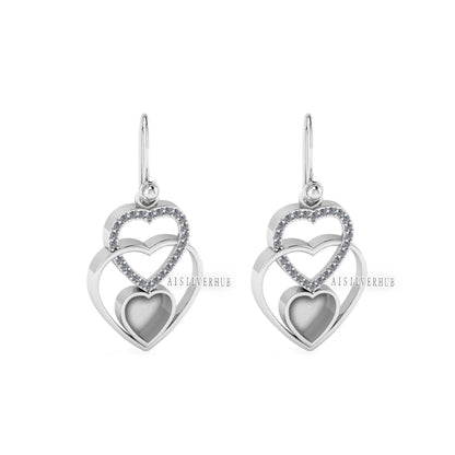 925 Sterling Silver, Triple Heart Design 8x8mm Blank Bezel Zircon Setted Earrings, Good for Stone, Resin & Ashes Work, Keepsake/Breastmilk
