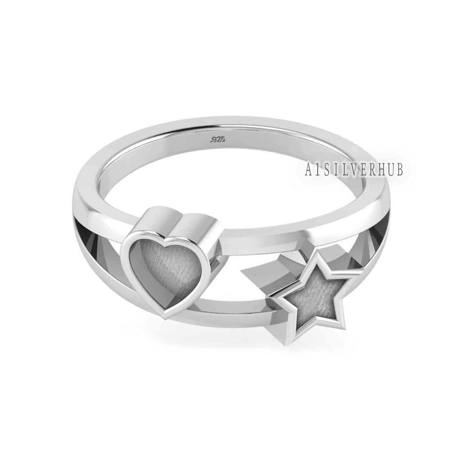 925 Sterling Solid Silver 5x5mm Heart and Star Blank Bezel Ring Setting, Good for Gemstone, Resin & Ashes Work,Breastmilk DIY, Keepsake Ring