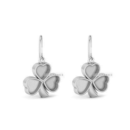 Shamrock Clover Three Leaf Heart 9x9mm Blank Bezel Dangle Earrings, 925 Sterling Silver,Good for Resin & Ashes Work, Keepsake/Breastmilk DIY