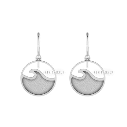 925 Sterling Solid Silver Ocean Wave Blank Bezel Round Dangle Earring, Good for Resin & Ashes Work, Keepsake/Breastmilk DIY,Memorial Jewelry