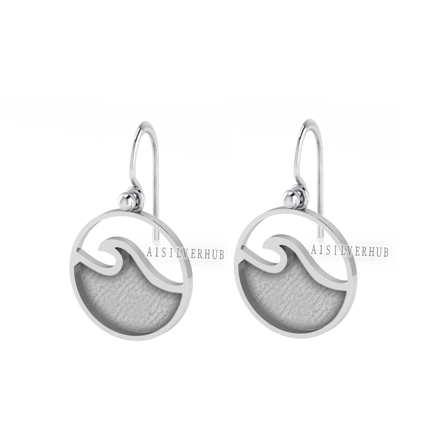 925 Sterling Solid Silver Ocean Wave Blank Bezel Round Dangle Earring, Good for Resin & Ashes Work, Keepsake/Breastmilk DIY,Memorial Jewelry
