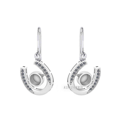 925 Sterling Silver, Horseshoe Luck Dangle Earring, Round 5mm Blank Bezel Setting, Good for Pour Resin & Ashes Work, Breastmilk/Keepsake DIY