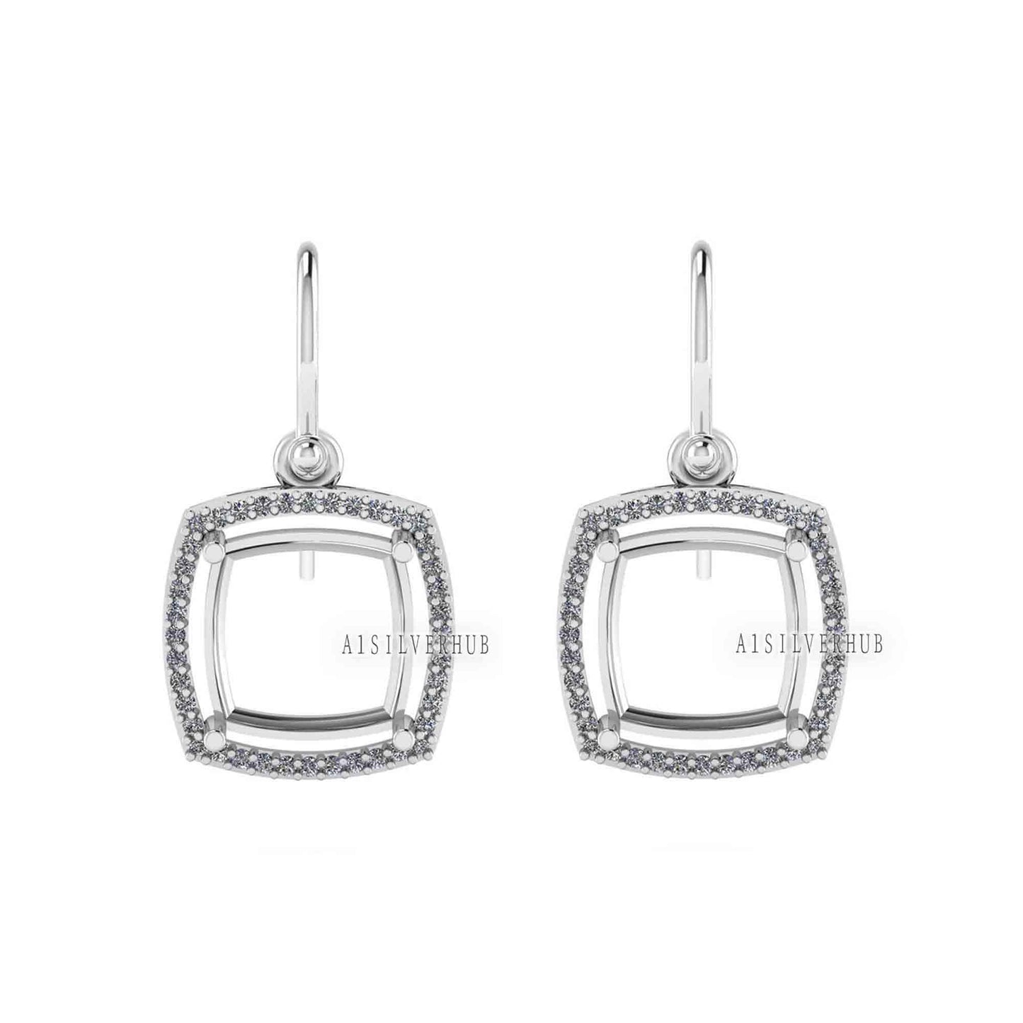 Solitaire Cushion Blank Pre Notched Dangle Earrings with Zircon Setted, 925 Sterling Silver Semi Mounting, Good for Gemstone, Memorial Gifts
