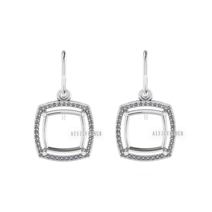 Solitaire Cushion Blank Pre Notched Dangle Earrings with Zircon Setted, 925 Sterling Silver Semi Mounting, Good for Gemstone, Memorial Gifts