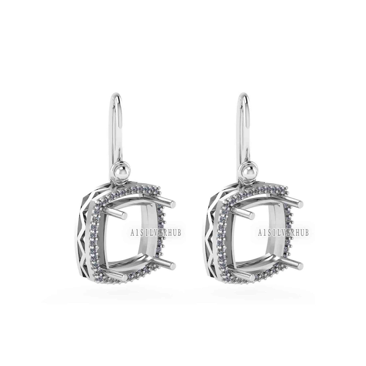 Solitaire Cushion Blank Pre Notched Dangle Earrings with Zircon Setted, 925 Sterling Silver Semi Mounting, Good for Gemstone, Memorial Gifts