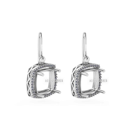 Solitaire Cushion Blank Pre Notched Dangle Earrings with Zircon Setted, 925 Sterling Silver Semi Mounting, Good for Gemstone, Memorial Gifts