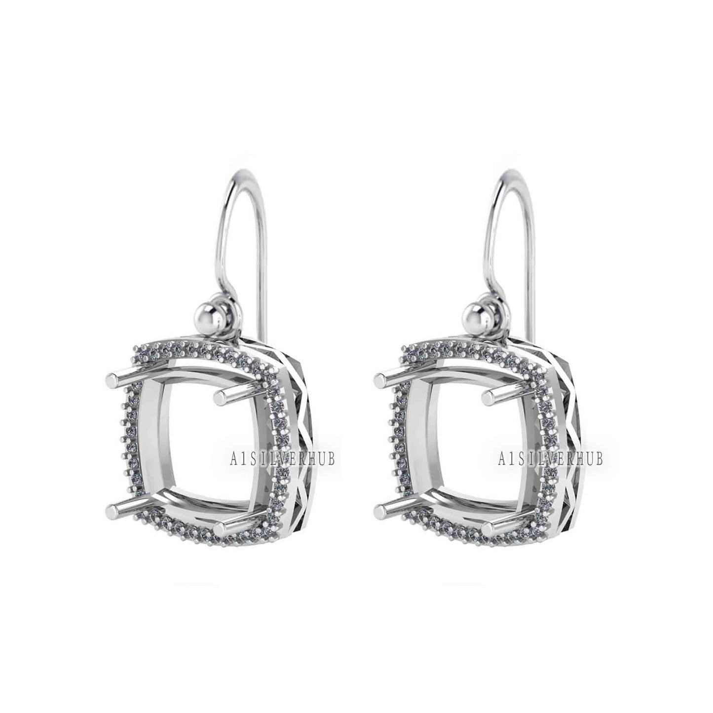 Solitaire Cushion Blank Pre Notched Dangle Earrings with Zircon Setted, 925 Sterling Silver Semi Mounting, Good for Gemstone, Memorial Gifts
