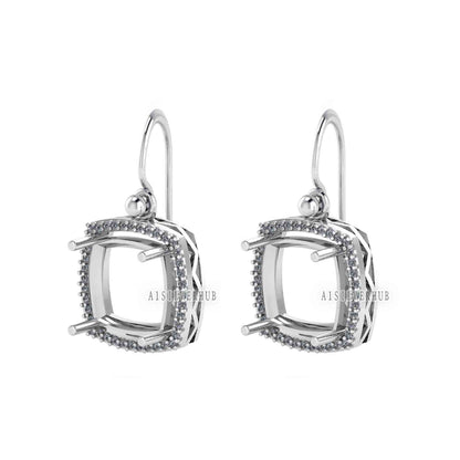 Solitaire Cushion Blank Pre Notched Dangle Earrings with Zircon Setted, 925 Sterling Silver Semi Mounting, Good for Gemstone, Memorial Gifts