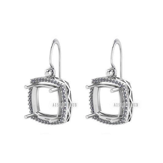 Solitaire Cushion Blank Pre Notched Dangle Earrings with Zircon Setted, 925 Sterling Silver Semi Mounting, Good for Gemstone, Memorial Gifts
