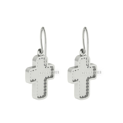 925 Sterling Solid Silver, Blank Bezel Cross Dangle Earrings with Zircon Setted, Good for Resin & Ashes Work, Keepsake Breastmilk DIY, Gifts