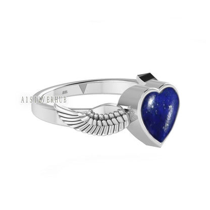 925 Sterling Solid Silver 8x8mm Heart Lapis Lazuli Angel Wings Band Ring, Handmade Ring, Stackable Women Rings, Gifts For Her, Ring For Sale