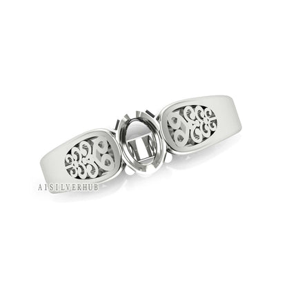 925 Sterling Solid Silver Oval 7x5mm Filigree Pre Notched Blank Prong Ring, Good for Zircon & Stone Setting Work, Wedding Ring, Gift For Her