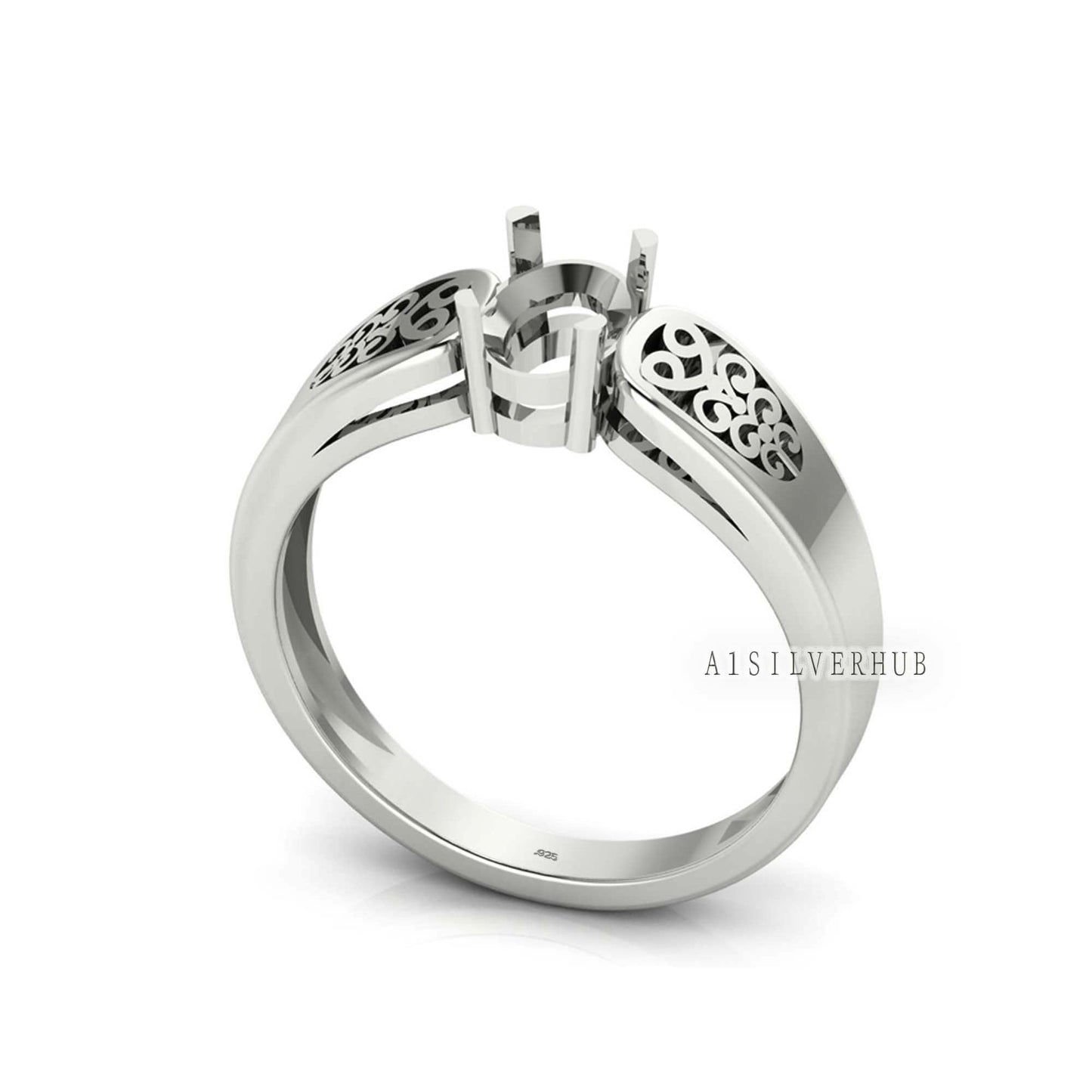 925 Sterling Solid Silver Oval 7x5mm Filigree Pre Notched Blank Prong Ring, Good for Zircon & Stone Setting Work, Wedding Ring, Gift For Her