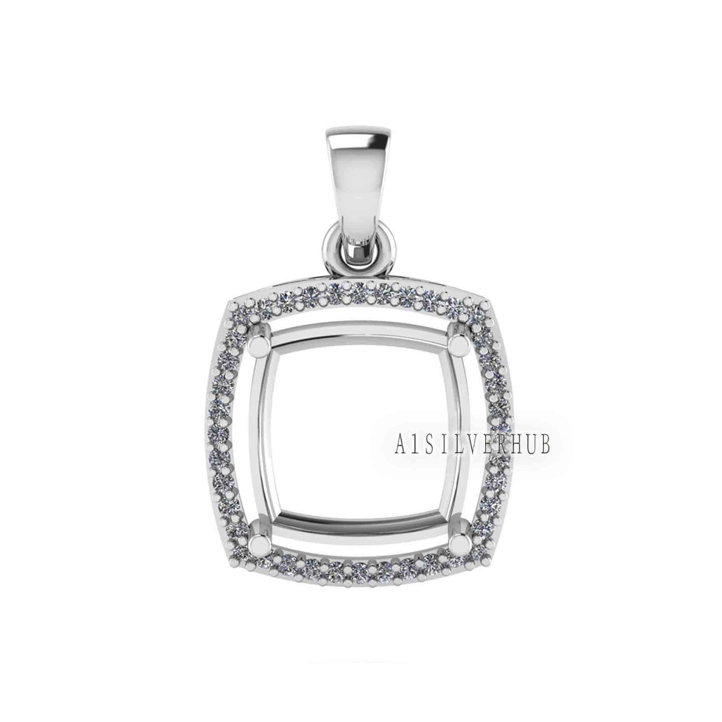 Solitaire Cushion Blank Pre Notched Pendant with Zircon Setted, 925 Sterling Silver Semi Mount Pendant, Good for Gemstone, Memorial Locket