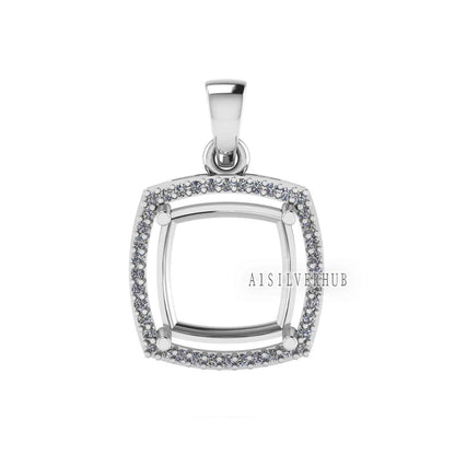 Solitaire Cushion Blank Pre Notched Pendant with Zircon Setted, 925 Sterling Silver Semi Mount Pendant, Good for Gemstone, Memorial Locket
