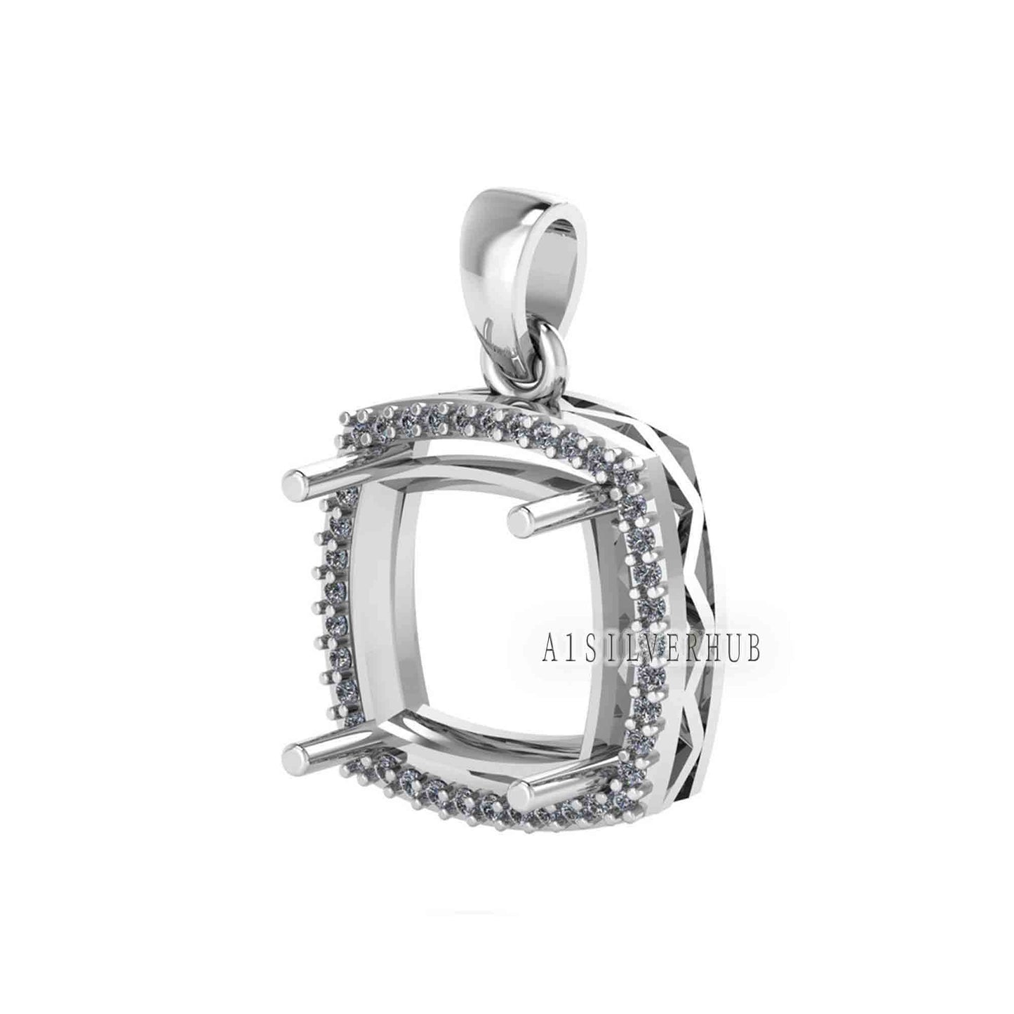 Solitaire Cushion Blank Pre Notched Pendant with Zircon Setted, 925 Sterling Silver Semi Mount Pendant, Good for Gemstone, Memorial Locket