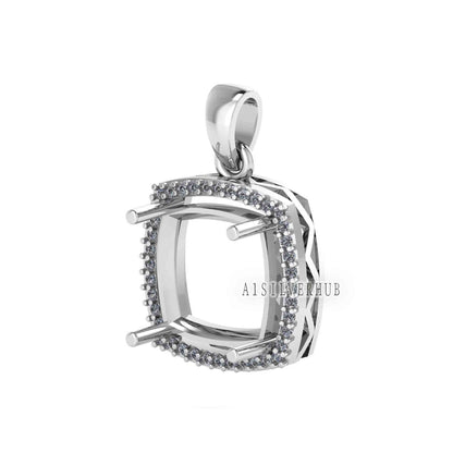 Solitaire Cushion Blank Pre Notched Pendant with Zircon Setted, 925 Sterling Silver Semi Mount Pendant, Good for Gemstone, Memorial Locket