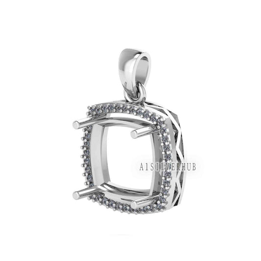 Solitaire Cushion Blank Pre Notched Pendant with Zircon Setted, 925 Sterling Silver Semi Mount Pendant, Good for Gemstone, Memorial Locket