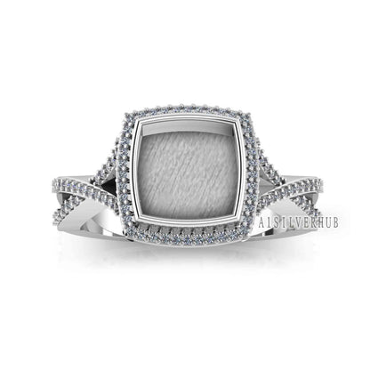 925 Sterling Solid Silver 8mm Cushion Blank Bezel with Surrounded CZ Setted Halo Ring, Good for Resin & Ashes Work, Breastmilk/Keepsake DIY