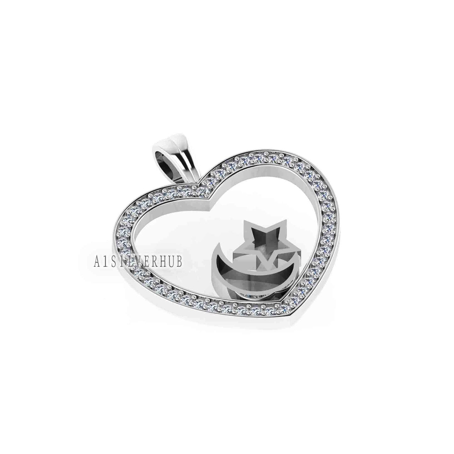 Heart with Zircon Setted Star Moon Blank Bezel Pendant, 925 Sterling Silver, Good for Resin & Ashes Work, Breastmilk/Keepsake DIY, Locket