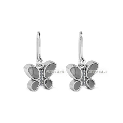 925 Sterling Solid Silver Butterfly Mount With Zircon, DIY Breastmilk/Keepsake Dangle Earrings, Good for Resin & Ashes Work, Memorial Gifts