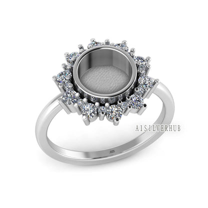 925 Sterling Solid Silver Round 8mm Blank Bezel With CZ Setted Sunflower Ring, Good for Gemstone, Resin & Ashes Work,Keepsake/Breastmilk DIY