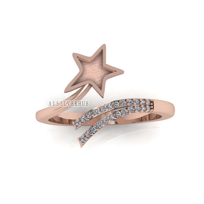 925 Sterling Solid Silver Star 5mm Blank Bezel with CZ Setted Adjustable Ring, Good for Pour Resin & Ashes Work, Keepsake/Breastmilk Crafts